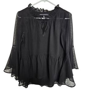 White House Black Market Blouse Ruffle Sleeve Sheer Top Pullover Women 4 Black